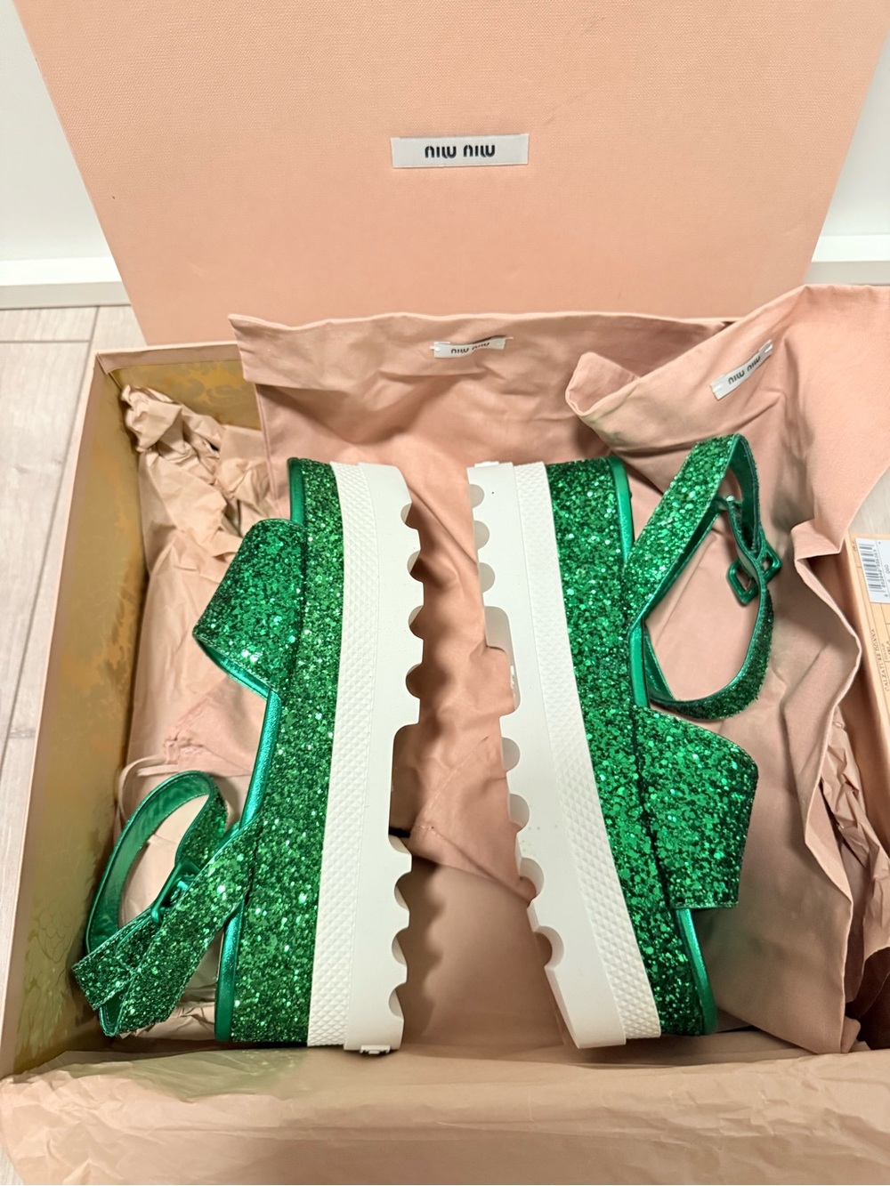 Miu Miu Emerald Green Glitter Platform Sandals - Picture 5 of 6